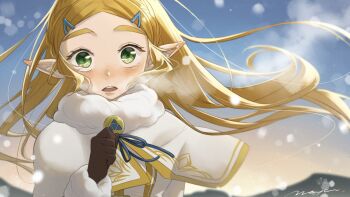 Rule 34 | 1girl, blonde hair, blush, brown gloves, coat, commentary request, gloves, gold trim, green eyes, long hair, looking at viewer, maya (mayamayammy), nintendo, open mouth, pointy ears, princess zelda, signature, solo, teeth, the legend of zelda, the legend of zelda: breath of the wild, triforce, upper teeth only, white coat