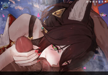 1boy 1girl animal_ears blush brown_hair censored earrings fingernails fox_ears fox_girl game_screenshot_inset green_eyes handjob headpat heart heart-shaped_pupils hetero honkai:_star_rail honkai_(series) jewelry long_fingernails mosaic_censoring nail_polish oral penis sawaki_ken symbol-shaped_pupils testicle_sucking testicles tingyun_(harmony)_(honkai:_star_rail) tingyun_(honkai:_star_rail) user_interface