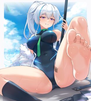 1girl armcho barcode barcode_tattoo bare_shoulders belt blue_leotard blue_sky blue_streaks blush border breasts cloud commentary crossed_bangs day ephnel feet foreshortening fur-trimmed_jacket fur_trim green_necktie hair_between_eyes hand_up highres holding impossible_clothes impossible_leotard jacket kneehighs large_breasts legs leotard light_particles long_hair looking_at_viewer multicolored_hair necktie off_shoulder on_ground palm_tree parted_lips ponytail purple_eyes sitting sky socks soles solo soulworker spread_legs streaked_hair tattoo thighs toes tree very_long_hair wet white_border white_hair white_jacket