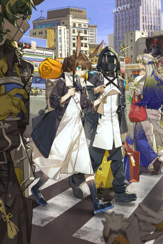 1other 2boys 2girls absurdres ambiguous_gender amiya_(arknights) amiya_(newsgirl)_(arknights) animal_ears arknights backpack bag black_boots black_jacket black_pants black_shoes blonde_hair blue_eyes blue_hair blue_pants blue_sky boots brown_hair brown_shoes building doctor_(arknights) dress full_body furry furry_male gradient_hair grey_hair hair_ornament hairpin highres holding holding_bag hood hooded_jacket horns jacket lee_(arknights) long_hair long_sleeves mask multicolored_hair multiple_boys multiple_girls pants pointy_ears rabbit_ears rabbit_girl red_hair shoes shopping_bag shu_(arknights) sidewalk sky skyscraper urban waai_fu_(arknights) walking white_dress white_jacket wushier yu_(arknights)