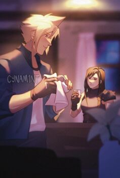 1boy 1girl alternate_costume alternate_universe armor bar_(place) black_gloves black_hair blonde_hair blue_jacket blurry blurry_background blurry_foreground breasts closed_mouth cloud_strife cloud_strife_(cosplay) commentary cosplay cowboy_shot cup cynam1nt english_commentary final_fantasy final_fantasy_vii final_fantasy_vii_remake flower gloves highres holding holding_cup indoors jacket long_hair looking_at_another looking_at_viewer medium_breasts open_clothes open_jacket plant potted_plant shirt short_hair shoulder_armor single_bare_shoulder single_glove sleeveless sleeveless_turtleneck smile spiked_hair sweater tifa_lockhart turtleneck turtleneck_sweater upper_body white_shirt yellow_flower