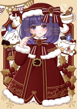 1girl :p absurdres alternate_costume arm_behind_back artist_name blunt_bangs blush bob_cut bow bowtie buckle cake candle capelet chaton_(chatoncerisier) check_commentary christmas_stocking closed_mouth commentary commentary_request cup dress food fork gen_5_pokemon gwynn_(pokemon) hat hat_bow highres holding holding_fork holly litwick long_sleeves merry_christmas nintendo pokemon pokemon_(creature) pokemon_legends:_z-a purple_eyes purple_hair red_bow red_bowtie red_capelet red_dress santa_costume santa_dress santa_hat short_hair smile striped_bow teacup tongue tongue_out