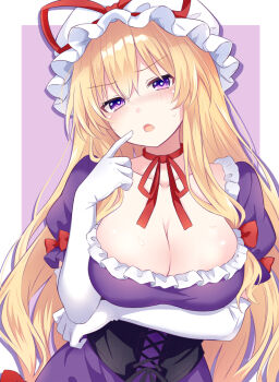 1girl adapted_costume arm_under_breasts black_corset blonde_hair blush bow breasts choker cleavage collarbone commentary corset dress elbow_gloves gloves hair_bow hat hat_ribbon heart heart-shaped_pupils highres large_breasts long_hair looking_at_viewer mob_cap open_mouth pointing pointing_at_self purple_dress purple_eyes red_bow red_ribbon ribbon ribbon_choker solo symbol-shaped_pupils tanaka_shoushou_fumimaro touhou very_long_hair white_gloves yakumo_yukari