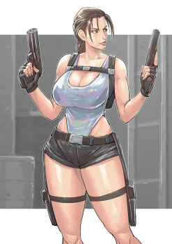 1girl absurdres braid breasts cirenk cleavage curvy fingerless_gloves gloves gun highleg highleg_one-piece_swimsuit highres holding holding_gun holding_weapon lara_croft large_breasts lips one-piece_swimsuit single_braid swimsuit swimsuit_under_clothes tomb_raider weapon wide_hips