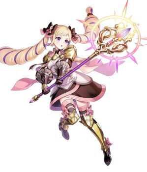1girl armor armored_boots armored_dress black_boots black_dress black_gloves blonde_hair blush boots bow cape commentary dress drill_hair elise_(fire_emblem) elise_(sincere_sister)_(fire_emblem) english_commentary fighting_stance fire_emblem fire_emblem_fates fire_emblem_heroes full_body gloves hair_bow holding holding_staff long_hair mage_staff magic michi_(iawei) multicolored_hair nintendo official_alternate_costume official_art parted_lips pink_cape purple_eyes purple_hair simple_background solo staff thigh_boots third-party_source twin_drills twintails white_background
