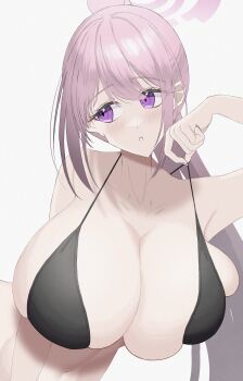 1girl 9sa3yko absurdres bikini bikini_pull black_bikini blue_archive blush breasts clothes_pull eimi_(blue_archive) eimi_(swimsuit)_(blue_archive) halo halterneck highres huge_breasts looking_to_the_side navel official_alternate_costume pink_hair pink_halo ponytail purple_eyes skindentation solo swimsuit white_background