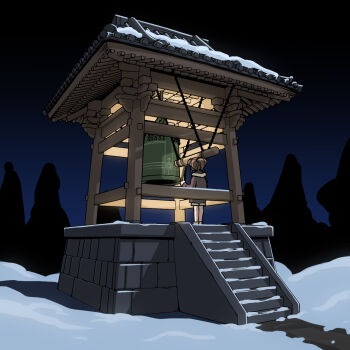1girl architecture bell brown_hair coat east_asian_architecture highres masuki new_year night original outdoors ponytail shinto shrine_bell snow solo standing winter