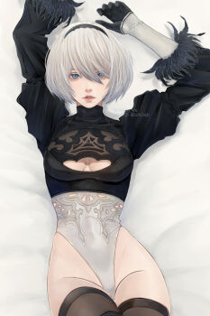 1girl 2b_(nier:automata) absurdres arms_up black_gloves black_hairband black_thighhighs blue_eyes breasts cleavage_cutout clothing_cutout commentary cowboy_shot english_commentary feather-trimmed_sleeves from_above gloves grey_hair hair_between_eyes hairband highleg highleg_leotard highres juliet_sleeves leotard long_sleeves looking_at_viewer lying medium_breasts mitsuki_nite mole mole_under_mouth nier:automata nier_(series) no_blindfold on_back parted_lips puffy_sleeves short_hair solo thigh_gap thighhighs twitter_username white_leotard