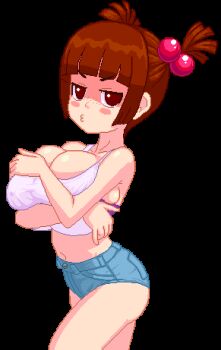 1girl :t air-strip_angel animated bare_shoulders blair_(air-strip_angel) blunt_bangs blush_stickers bra breasts bursting_breasts cleavage collarbone covered_erect_nipples covering_breasts covering_privates denim denim_shorts female_focus freckles hair_bobbles hair_ornament hands_up huge_breasts looking_at_viewer oppai_loli pixel_art pointing pout purple_bra red_eyes red_hair shiny_skin short_hair short_shorts short_twintails shorts smile solo sprite standing tank_top tim-buktu transparent_background twintails undersized_breast_cup undersized_clothes underwear