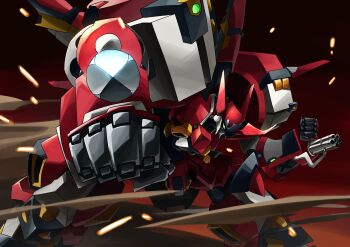 alteisen alteisen_riese clenched_hands green_eyes highres horns mecha no_humans otokamu pile_bunker robot science_fiction single_horn smoke solo super_robot_wars super_robot_wars_30 super_robot_wars_og_the_inspector super_robot_wars_original_generation super_robot_wars_original_generation_2 the_2nd_super_robot_wars_og