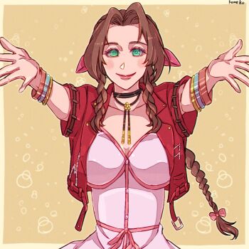 1girl aerith_gainsborough artist_name bangle blush bracelet braid braided_ponytail breasts brown_background brown_hair buttons choker cleavage cropped_jacket dress final_fantasy final_fantasy_vii final_fantasy_vii_remake flower_choker green_eyes hair_ribbon highres jacket jewelry komeko_(strikek-lvvjm27) long_hair looking_at_viewer medium_breasts outstretched_arms parted_bangs pink_dress pink_ribbon red_jacket ribbon short_sleeves sidelocks single_braid smile solo upper_body