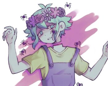 1boy basil_(headspace)_(omori) basil_(omori) blue_overalls bug colored_skin commentary_request decapitation double-parted_bangs flower_wreath green_eyes green_hair green_shirt hair_between_eyes head_wreath highres looking_at_viewer lying male_focus nico0 omori on_back overalls parted_lips shirt short_hair short_sleeves sidelocks solo spider spoilers t-shirt tearing_up upper_body white_skin