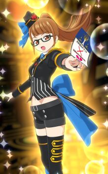 1girl 3d black-framed_eyewear black_shoes black_shorts blue_bow blue_ribbon blunt_bangs bow brown_eyes brown_hair glasses glowing highres holding holding_paper idol_clothes long_hair looking_at_viewer minami_mirei minami_mirei_(normal) necktie official_art open_mouth otudane paper pointing ponytail pretty_series pripara ribbon semi-rimless_eyewear shirt shoes short_shorts shorts smile solo sparkle sparkling_aura tying_necktie under-rim_eyewear