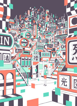 1girl backpack bag black_hair expressionless flat_color green_bag green_shirt hebitsukai highres orange_headwear orange_shorts original railing shirt shoes short_hair shorts solo stairs surreal