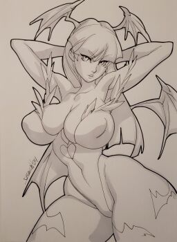 Rule 34 | 1girl, animal print, arm up, arms behind head, arms up, artist name, bat print, bat wings, blunt bangs, boots, breasts, capcom, cleavage, clothing cutout, collarbone, contrapposto, covered erect nipples, covered navel, cowboy shot, daikon (artist), darkstalkers, demon girl, female focus, fringe trim, fur-trimmed sleeves, fur trim, hands behind own head, head tilt, head wings, heart cutout, highleg, highleg leotard, highres, huge breasts, large breasts, leotard, long hair, looking at viewer, low wings, marker (medium), monochrome, morrigan aensland, solo, spread legs, standing, thick lips, thick thighs, thighs, traditional media, wide hips, wings