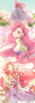1girl absurdres blood breasts bullet cleavage code_geass collar dress earrings euphemia_li_britannia flower frilled_collar frills highres jewelry long_hair long_sleeves multiple_views pink_dress pink_flower pink_hair purple_eyes reaching reaching_towards_viewer shrug_(clothing) smile spoilers swept_bangs very_long_hair white_flower white_shrug youlitai