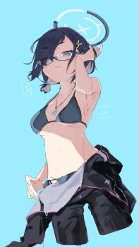 1girl absurdres alternate_costume aqua-framed_eyewear aqua_eyes arm_up armpits bare_shoulders bikini black_bikini black_hair blue_archive blue_background blue_halo bodysuit breasts chihiro_(blue_archive) cleavage closed_mouth collarbone commentary_request cropped_legs diving_suit dog_tags glasses glint hair_between_eyes hair_ornament halo highres large_breasts looking_at_viewer navel open_wetsuit ponytail rabbit_hair_ornament ryo_(ryo_skrdi) semi-rimless_eyewear short_hair short_ponytail sidelocks simple_background solo standing stomach swimsuit under-rim_eyewear wet wetsuit
