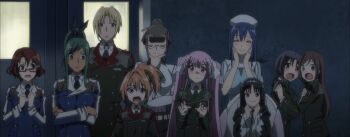 1boy 6+girls blonde_hair blue_hair blush braid braided_ponytail breasts brown_hair clenched_hand closed_eyes crossed_arms doctor glasses green_hair hair_bun hair_ribbon hand_on_own_chin hands_on_own_face hat highres hug hundred_(light_novel) kirishima_sakura_(hundred) large_breasts long_hair looking_at_viewer medium_breasts multiple_girls necktie nurse_cap open_mouth orange_hair own_hands_clasped pink_hair ponytail purple_eyes purple_hair red_hair ribbon school_uniform sitting smile stitched surprised sweatdrop third-party_edit tongue twintails wheelchair