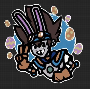 1girl angela_anaconda angela_anaconda_(character) cape cosplay digimon digimon_adventure goggles goggles_on_head highres rabbit_ears smile solo v what why yagami_taichi yagami_taichi_(cosplay)