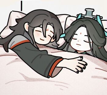 Rule 34 | 2boys, bindi, black hair, black hanfu, black nails, chibi, chibi only, chinese clothes, closed eyes, closed mouth, corpse, cuddling, curtained hair, half updo, hanfu, head on pillow, highres, indoors, layered sleeves, light blush, long sleeves, luo binghe, male focus, multiple boys, pale skin, parted bangs, pillow, renzha fanpai zijiu xitong, ribboned xiao guan, shen qingqiu, sleeping, smile, spoilers, under covers, wide sleeves, wolf cut, zorenbigmalo, zuiyin