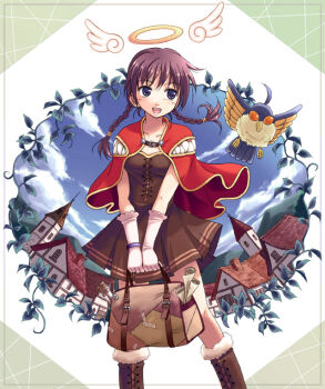 1girl bad_id bad_pixiv_id bird blue_eyes boots braid brown_boots cape creator_(ragnarok_online) female_focus filir filir_(ragnarok_online) gloves halo head_wings homunculus long_hair purple_hair ragnarok_online skirt solo traditional_halo twin_braids wings wristband yakka