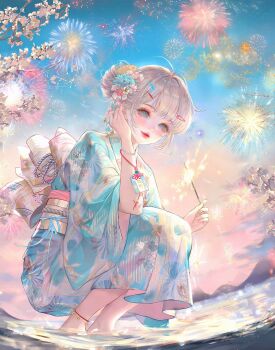 1girl ahoge anklet barefoot blue_eyes blue_kimono blush bracelet fireworks floral_print flower hair_bun hair_flower hair_ornament hairclip highres holding japanese_clothes jewelry kimono large_variant_set looking_at_viewer makeup obi original outdoors print_kimono sash short_hair sky smile solo sparkler squatting variant_set water wide_sleeves xixizi