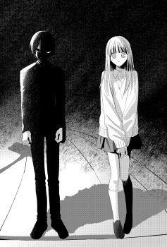 Rule 34 | 2girls, baby (demotsu), black hair, black jacket, black pants, black skirt, blunt bangs, collared shirt, fruits basket, full body, greyscale, hair between eyes, highres, honda tohru, jacket, light blush, loafers, long hair, looking at viewer, meme, monochrome, multiple girls, pants, screentones, shaded face, shirt, shirt under sweater, shoes, short hair, skirt, smile, socks, sohma akito, sweater, v arms, white socks, why dis ninja look so mad (meme)