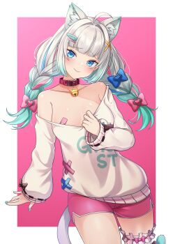 1girl absurdres ahoge animal_ears bandaid bandaid_on_breast bare_shoulders bell blue_bow blue_eyes blue_streaks blush border bow braid breasts cat_ears cat_girl cat_tail closed_mouth collar commentary cowboy_shot dolphin_shorts frilled_thigh_strap gradient_hair green_hair green_nails hair_bow hair_ornament hairclip highres indie_virtual_youtuber long_hair long_sleeves looking_at_viewer low_twin_braids low_twintails medium_breasts mint_fantome mint_fantome_(otaku) mr2d multicolored_hair multiple_hair_bows neck_bell off-shoulder_sweater off_shoulder outside_border parallel_hairclips pink_background pink_bow pink_shorts pink_streaks red_collar ribbon-trimmed_sleeves ribbon_trim shorts smile solo standing sweater tail thigh_strap twin_braids twintails virtual_youtuber white_border white_hair white_sweater x_hair_ornament