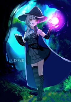 Rule 34 | 1girl, alexaniel, artist name, black arm warmers, black boots, black dress, black hair, black thighhighs, book, boots, dress, enigmatic recollection, grey hair, hat, holding, holding book, hololive, hololive english, magic, multicolored hair, shiori novella, shiori novella (1st costume), single thighhigh, solo, split-color hair, striped arm warmers, striped clothes, striped thighhighs, thighhighs, two-tone hair, virtual youtuber, witch hat, yellow eyes