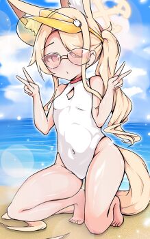 1girl animal_ear_fluff animal_ears arms_up barefoot beach blonde_hair blue_archive breasts cloud covered_navel cross_halo double_v feet fox_ears fox_girl fox_tail halo highleg highleg_one-piece_swimsuit highres kneeling loli long_hair ocean one-piece_swimsuit orange-tinted_eyewear otakenzo outdoors seia_(blue_archive) seia_(swimsuit)_(blue_archive) side_ponytail sky small_breasts solo sunglasses swimsuit tail thighs tinted_eyewear toes v visor_cap white_one-piece_swimsuit yellow_eyes yellow_halo yellow_visor