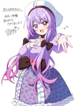 1girl :d ahoge blush bow brown_bow commentary_request commission cowboy_shot dot_nose dress frilled_dress frills hair_bow hand_on_own_chest haru_(konomi_150) hat heterochromia indie_virtual_youtuber long_hair long_sleeves looking_at_viewer musical_note open_mouth purple_dress purple_eyes purple_hair red_eyes shyuen_rue simple_background skeb_commission smile solo virtual_youtuber waist_bow white_background white_hat