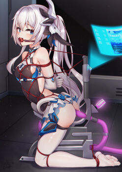 anal_hook ball_gag bare_shoulders bdsm black_leotard blue_eyes bondage bound breasts commentary_request drooling gag gagged grey_hair highres honkai_(series) honkai_impact_3rd leotard long_hair no_shoes object_insertion restrained shibari shibari_over_clothes side_ponytail sideboob skindentation small_breasts soles stationary_restraints theresa_apocalypse thighhighs thighs vaginal vaginal_object_insertion very_long_hair white_thighhighs wiffle_gag yiduan_zhu