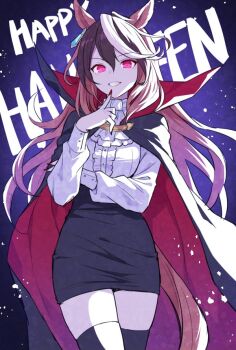 1girl alternate_costume alternate_eye_color animal_ears black_cape black_hair black_skirt black_thighhighs brown_eyes brown_tail cape collared_cape commentary halloween_costume horse_ears horse_girl horse_tail long_hair looking_at_viewer mauve pleated_skirt red_cape red_eyes shirt skirt smile solo symboli_rudolf_(umamusume) tail thighhighs thighs two-tone_cape umamusume vampire_costume white_hair white_shirt