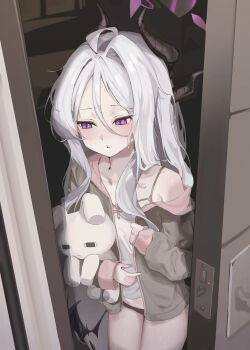 1girl absurdres ahoge armpit_crease black_halo black_horns black_panties black_wings blue_archive blush brown_jacket camisole coa_(35_seno) collarbone commentary_request cowboy_shot demon_girl demon_horns demon_wings doorway double-parted_bangs flat_chest halo hand_on_own_chest hand_up hands_up highres hina_(blue_archive) holding holding_stuffed_toy horns indoors jacket long_hair long_sleeves looking_to_the_side low_wings midriff multiple_horns open_door open_mouth panties pov_doorway single_off_shoulder solo standing stuffed_animal stuffed_rabbit stuffed_toy underwear white_camisole white_hair wings