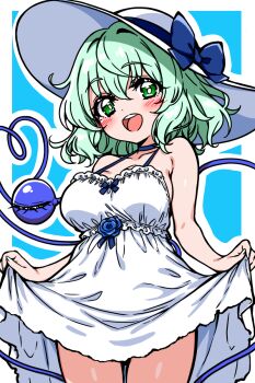 1girl blue_ribbon blush breasts chirisazame1 clothes_lift commentary_request disembodied_linked_eye dress dress_lift green_eyes green_hair hat hat_ribbon heart heart_of_string highres komeiji_koishi looking_at_viewer open_mouth ribbon shirt smile solo teeth touhou upper_teeth_only white_dress white_hat