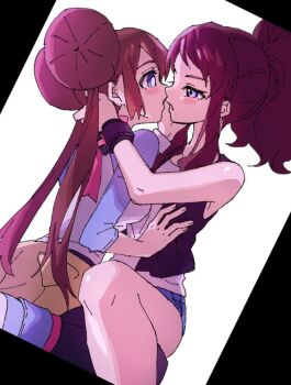 2girls ankea_(a-ramo-do) bad_id bad_twitter_id bare_legs baseball_cap black_legwear blue_eyes blush breasts brown_hair couple cutoffs denim denim_shorts double_bun eye_contact face-to-face grabbing_another&#039;s_breast groping hair_bun hat head_grab high_ponytail hilda_(pokemon) holding holding_face imminent_kiss kiss long_hair long_sleeves looking_at_another medium_breasts multiple_girls nintendo open_mouth pantyhose pink_ribbon pokemon pokemon_bw pokemon_bw2 ponytail ribbon rosa_(pokemon) shirt short_shorts shorts simple_background sleeveless sleeveless_shirt small_breasts upper_body white_background white_shirt yellow_shorts yuri