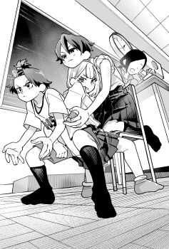 4girls bare_shoulders blunt_bangs chalkboard clock collared_shirt gavucchi greyscale highres holding holding_pencil hunter_x_hunter kneeling looking_at_viewer low_ponytail medium_hair mole mole_under_mouth monochrome multiple_girls no_eyes original pencil pleated_skirt ponytail scene_reference school_uniform shirt short_hair short_sleeves sitting skirt sleeves_rolled_up squatting wall_clock