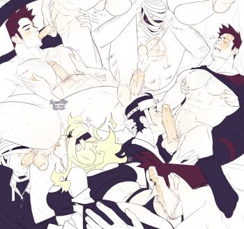 1girl 3boys anal anilingus between_pecs between_pectorals bisexual_male blush boku_no_hero_academia breasts burnin_(boku_no_hero_academia) chest_hair cunnilingus endeavor_(boku_no_hero_academia) erection facial_hair fellatio highres kido_(boku_no_hero_academia) leg_hair male_penetrated multiple_boys muscular muscular_male nipples onima_(boku_no_hero_academia) oral pecjob pectorals penis pussy spacenipnops testicles thighs