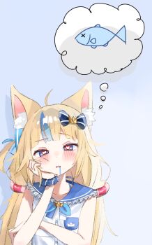 1girl ahoge animal_ear_fluff animal_ears blonde_hair blue_eyes blue_hair bow cat_ears dreaming dress drooling fish fish_girl frilled_sailor_collar frills heart heart-shaped_pupils highres imagining indie_virtual_youtuber lifebuoy_hair_ornament long_hair looking_at_viewer low_twintails multicolored_hair paper_boat sailor_collar saliva sameko_saba sameko_saba_(fish) solo speech_bubble streaked_hair symbol-shaped_pupils thought_bubble twintails virtual_youtuber white_dress yoro_chan0820