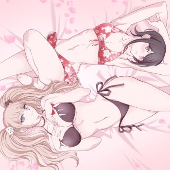 2girls armpits arms_up artist_request barefoot bear_hair_ornament bikini blonde_hair blue_eyes blush breasts cleavage danganronpa:_trigger_happy_havoc danganronpa_(series) enoshima_junko female_focus freckles hair_ornament highres ikusaba_mukuro long_hair looking_at_viewer lying medium_breasts multiple_girls navel on_back short_hair siblings sisters small_breasts swimsuit twintails wide_hips