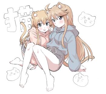 2girls :3 ahoge animal_ears bare_legs barefoot blue_eyes blue_hoodie blush breasts brown_hair cat_ears cat_tail closed_mouth dolphin_shorts fang hand_on_another's_waist hood hood_down hoodie idolmaster idolmaster_million_live! kemonomimi_mode kousaka_umi long_hair long_sleeves looking_at_viewer multiple_girls ngetyan open_mouth pink_hoodie shorts simple_background sitting tail tokoro_megumi white_background