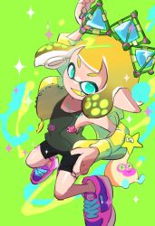Rule 34 | 1girl, :d, arm up, bike shorts, black shorts, blonde hair, blue eyes, colored tongue, fang, green background, green tank top, highres, inkling, inkling girl, inkling player character, jacket, koike3582, nintendo, octotrooper, open clothes, open jacket, open mouth, pink footwear, pointy ears, ringed eyes, shoes, short hair, shorts, smile, solo, splat bomb (splatoon), splatoon (series), suction cups, tank top, tentacle hair, unzipped, yellow jacket, yellow tongue, zipper
