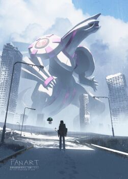1other absurdres ambiguous_gender asteroid_ill backpack bag blue_sky building cloud commentary_request english_text footprints gen_4_pokemon gen_8_pokemon highres legendary_pokemon nintendo orbeetle palkia pokedex pokemon pokemon_(creature) rotom rotom_phone scenery size_difference sky skyscraper snow snowing standing watermark wide_shot