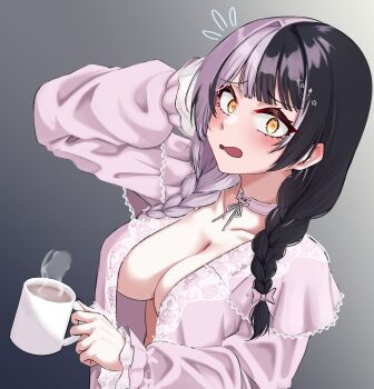 1girl absurdres arm_behind_head arm_up black_hair blunt_bangs braid breasts cleavage commentary_request cup drinking_glass flying_sweatdrops grey_background grey_hair highres holding holding_cup hololive hololive_english jacket large_breasts long_hair looking_at_viewer low_twin_braids mmneko multicolored_hair naked_jacket open_mouth pink_jacket shiori_novella simple_background solo split-color_hair twin_braids upper_body virtual_youtuber wavy_mouth yellow_eyes