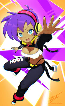 Rule 34 | 1girl, :d, black pants, black shrug, blue eyes, breasts, bright pupils, chromatic aberration, cleavage, clothing cutout, commentary, dark-skinned female, dark skin, english commentary, full body, headphones, high voltage shantae, highres, long hair, looking at viewer, navel, official alternate costume, open mouth, outstretched hand, pants, panty straps, purple hair, revenantart, shantae, shantae (series), shantae advance: risky revolution, shoulder cutout, shrug (clothing), smile, solo, strapless, tube top, white pupils, white tube top