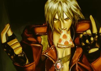 1boy black_gloves blonde_hair commentary dante_(devil_may_cry) devil_may_cry_(series) english_commentary fingerless_gloves food gloves jacket jewelry looking_at_viewer male_focus meme meme_request mouth_hold necklace pizza pizza_slice pointing pointing_at_self ptviel red_jacket short_hair solo teeth_hold upper_body zipper