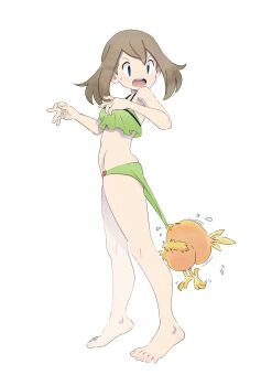 1girl bikini blue_eyes brown_hair cloudxmoe commentary english_commentary feet full_body gen_3_pokemon green_bikini highres may_(pokemon) medium_hair nintendo open_mouth pokemon pokemon_(anime) pokemon_(creature) pokemon_rse_(anime) simple_background surprised swimsuit teeth torchic white_background