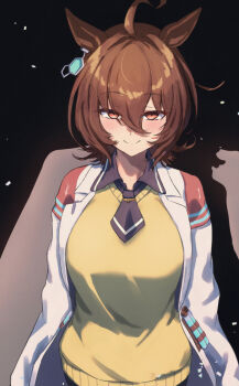 1girl agnes_tachyon_(tach-nology)_(umamusume) agnes_tachyon_(umamusume) ahoge animal_ears black_background black_necktie blush brown_hair closed_mouth commentary hair_between_eyes harakomeshi highres horse_ears horse_girl lab_coat looking_at_viewer necktie red_eyes short_hair simple_background smile solo sweater_vest test_tube umamusume yellow_sweater_vest