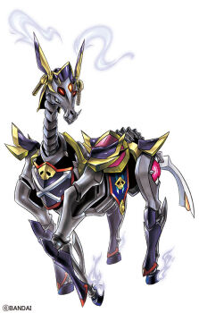 armor digimon digimon_(creature) digimon_story:_time_stranger enbarrmon forehead_jewel full_body glowing glowing_eyes no_humans official_art red_eyes simple_background skeleton_horse solo white_background