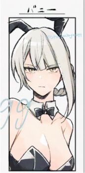 1girl animal_ears artist_name asymmetrical_bangs bare_shoulders border braid braided_hair_rings breasts cleavage closed_mouth detached_collar fake_animal_ears hair_rings highres kaine_(nier) kurosawa_kazuto large_breasts looking_at_viewer nier nier_(series) playboy_bunny rabbit_ears solo translation_request twitter_username white_border white_hair yellow_eyes